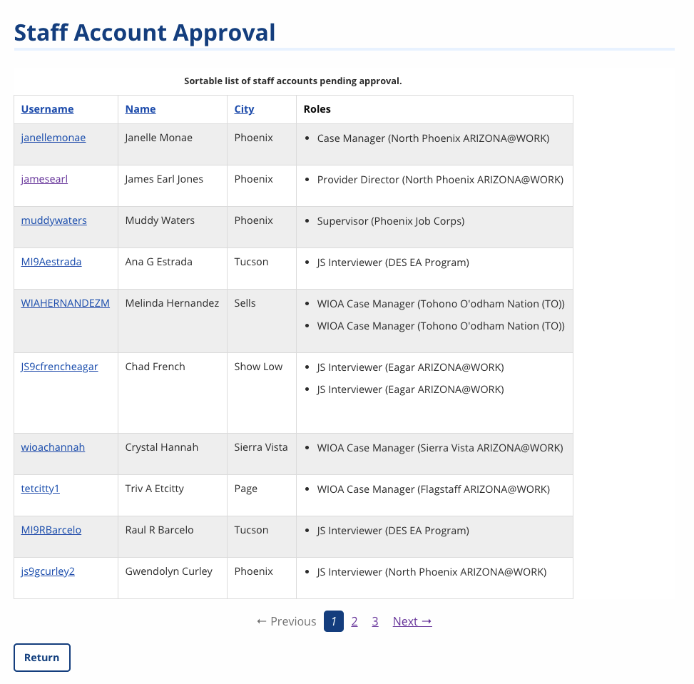 Staff Account Approval Queue screenshot