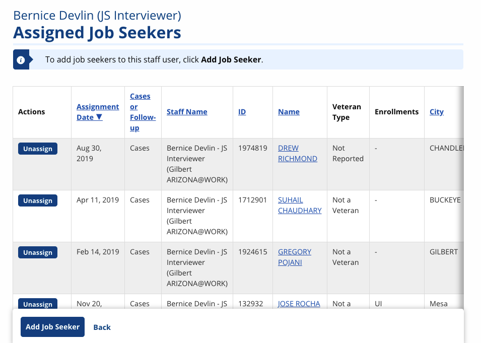 List of Job Seekers Bookmarked by a Staff person