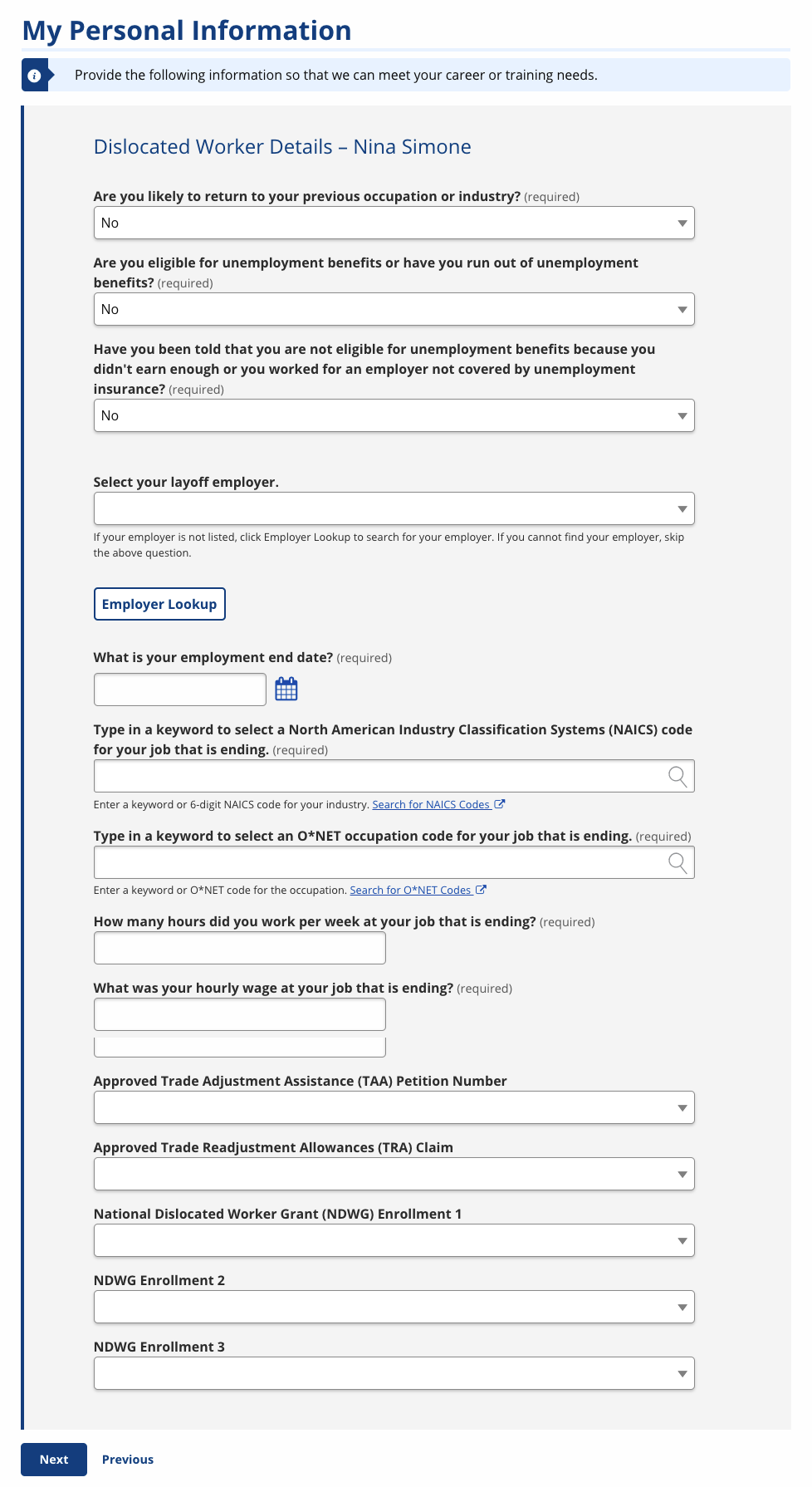 Dislocated Worker Details screenshot when first dislocated worker status question is selected