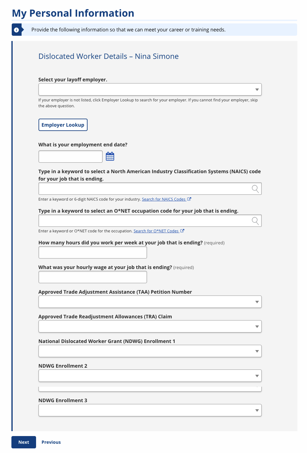 Dislocated Worker Details screenshot when any other dislocated worker status question is selected