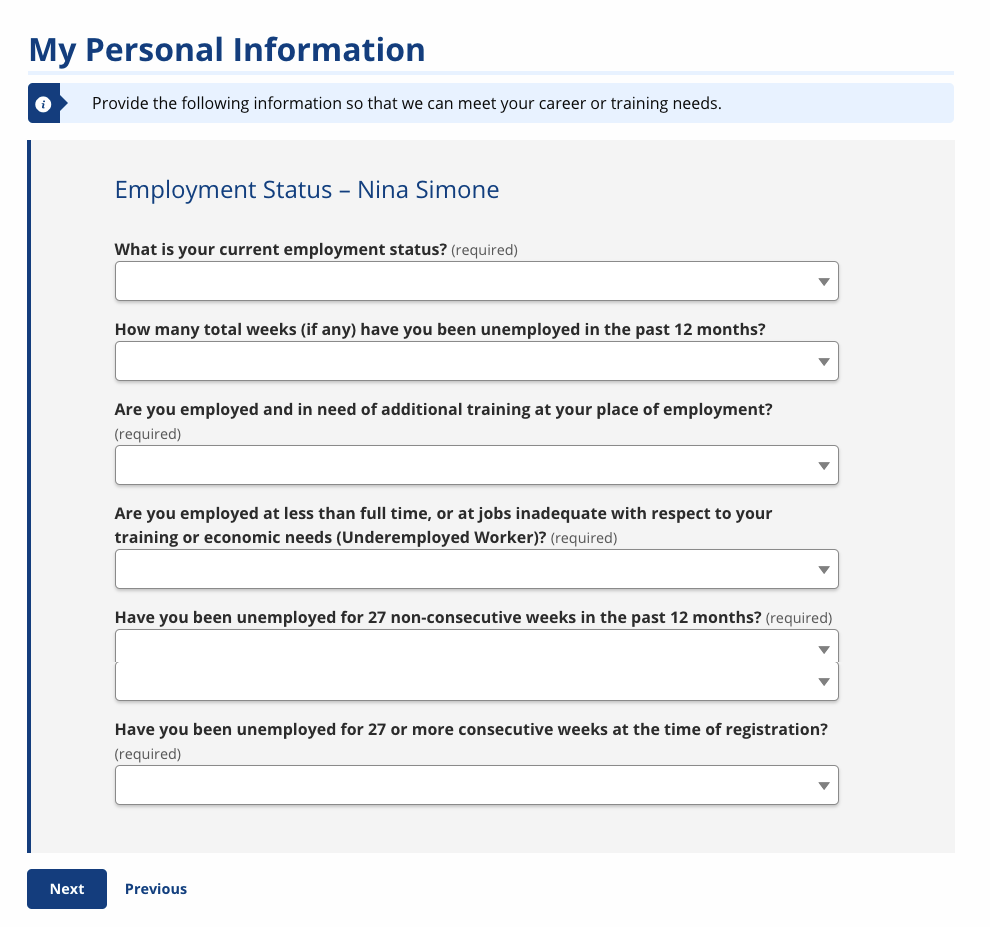 Screenshot of the Employment Status page