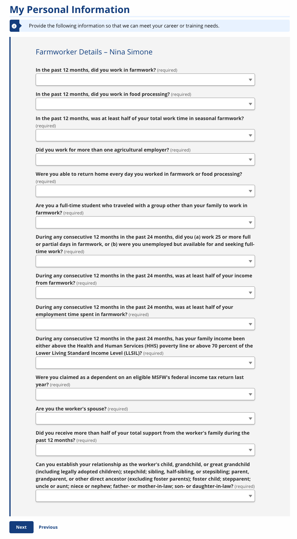 Screenshot of the Farmworker Details page