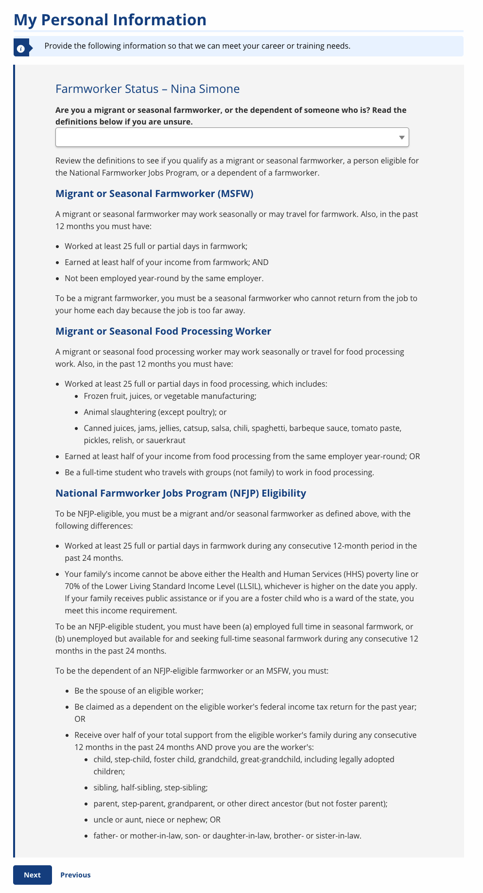 Screenshot of the Farmworker Status page, which asks whether the job seeker has participated in migrant or seasonal farmwork or is the dependent of someone who has.