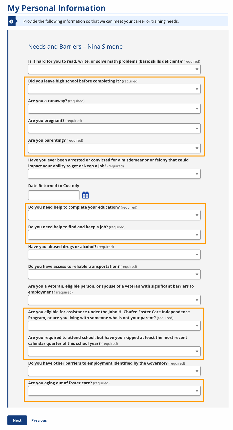 Needs and Barriers screenshot