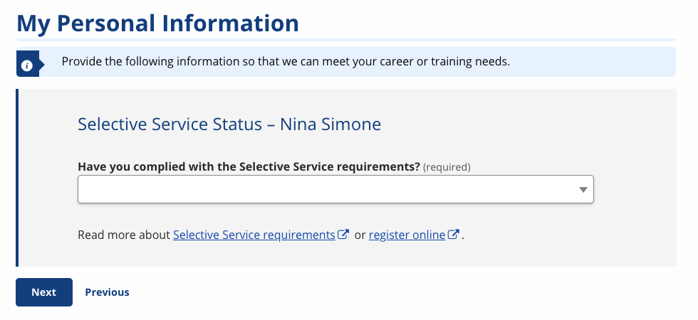 Selective Service Status screenshot