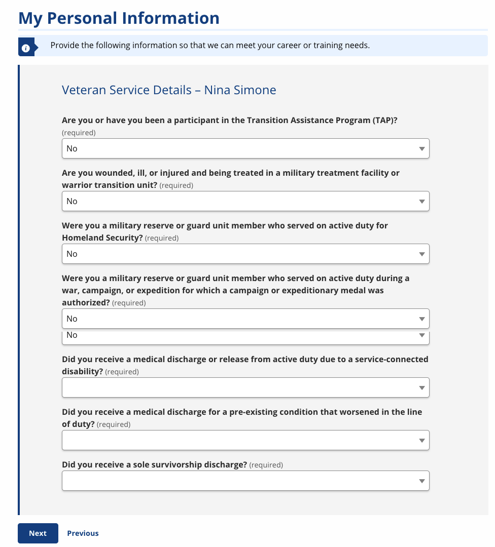 Screenshot of the Veteran Service Details page for a job seeker whose served fewer than 180 days.