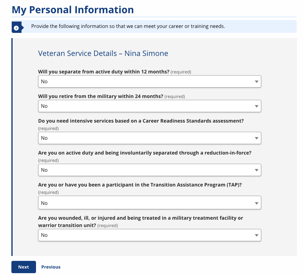 Screenshot of the Veteran Service Details page for a job seeker whose service end date is in the future.