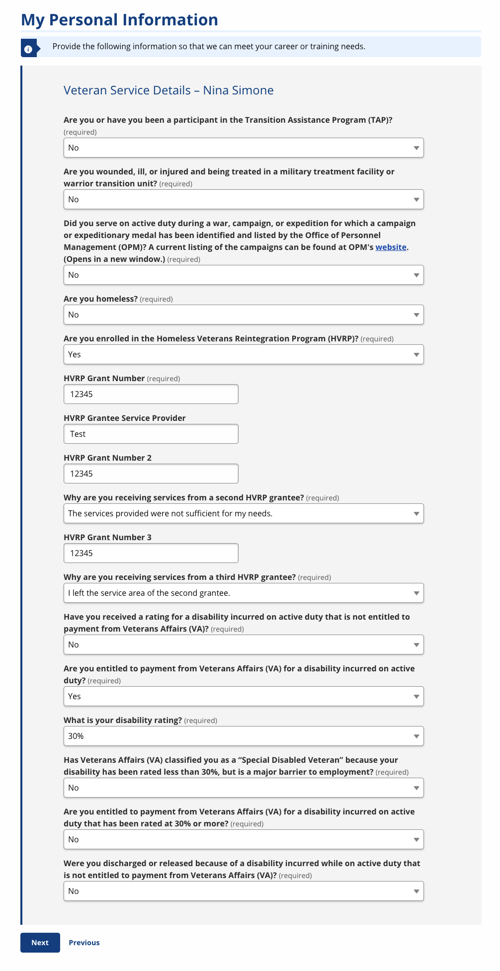 Screenshot of the Veteran Service Details page for a job seeker whose service end date is in the past.