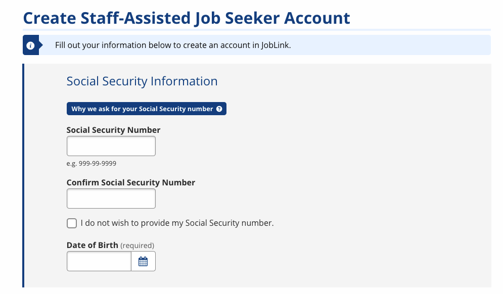 Screenshot of the Create Staff-Assisted Job Seeker Account page