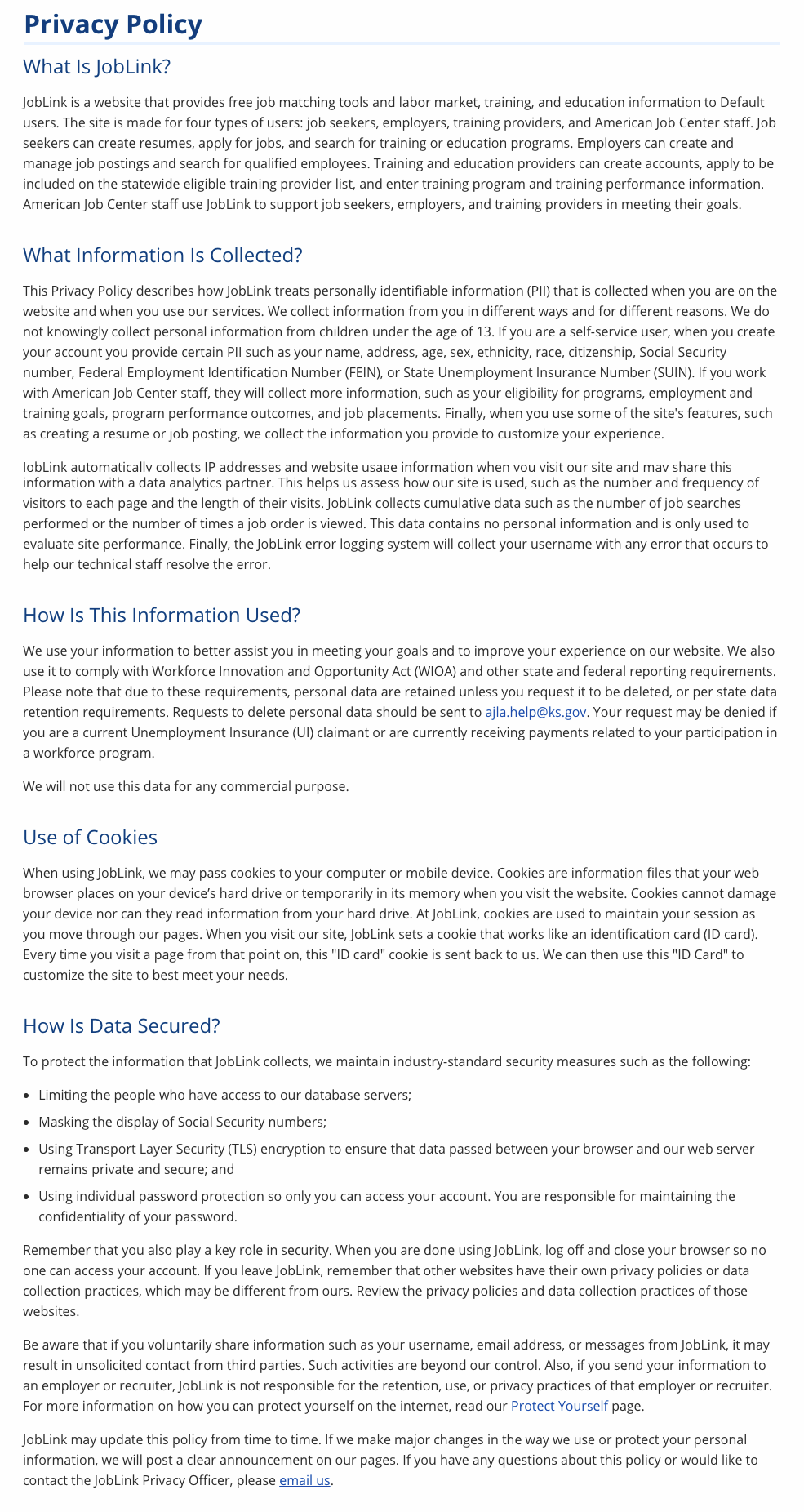 Screenshot of the Privacy Policy