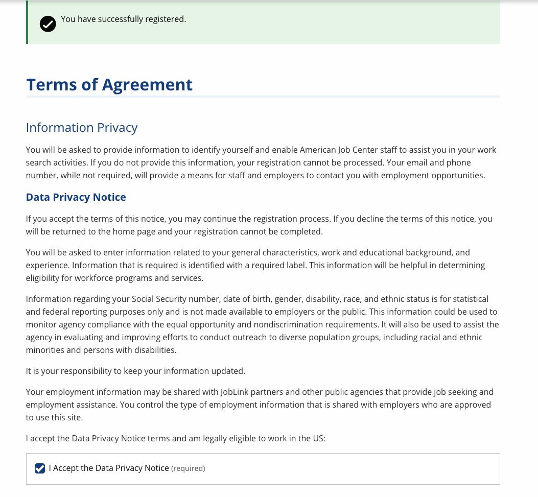 Screenshot of the Terms of Agreement