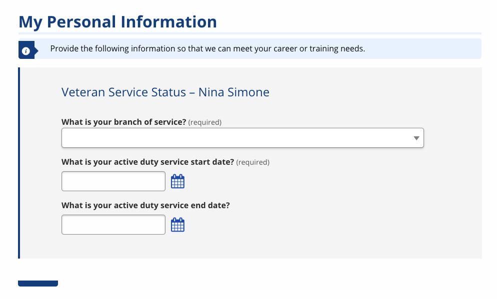 Screenshot of the Veteran Service Status page