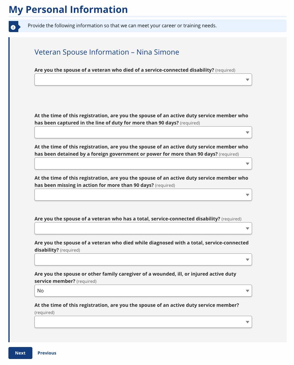 Screenshot of all possible questions for veteran spouses.