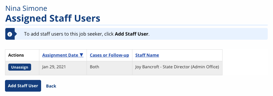 Assigned Staff Users screenshot