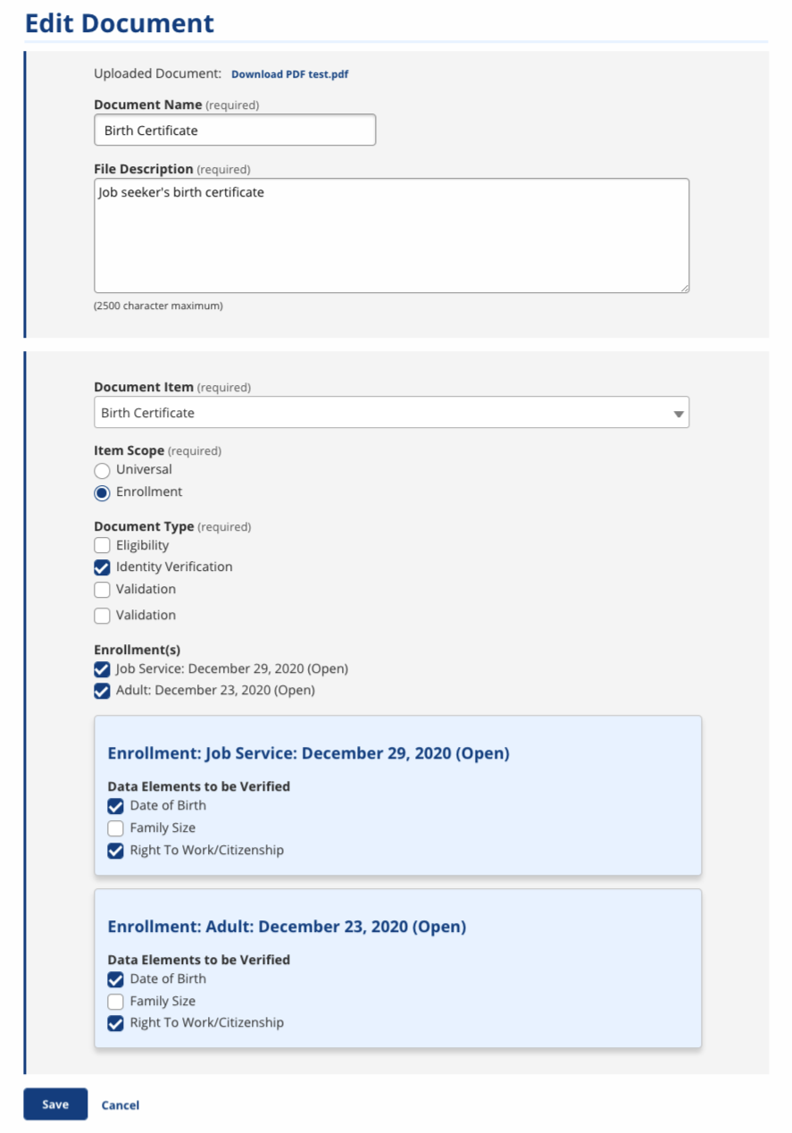 Screenshot of options that display for adding a file that supports multiple enrollments