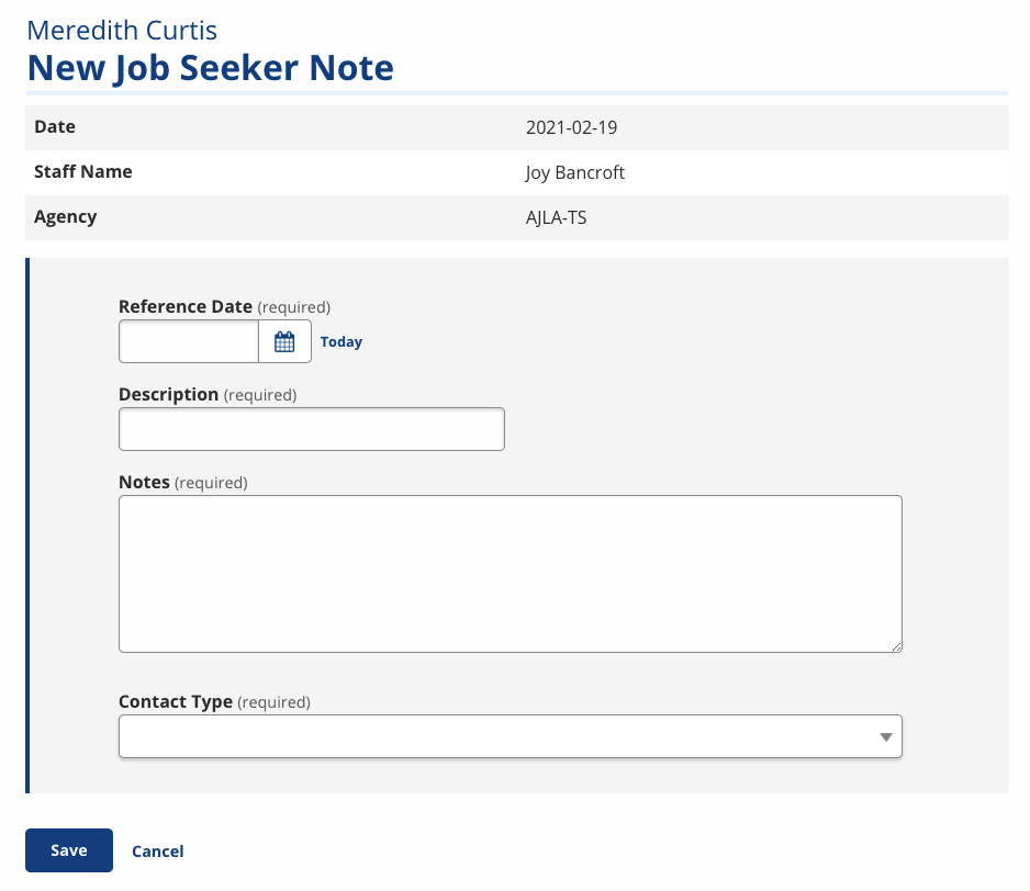 New Job Seeker Note screenshot