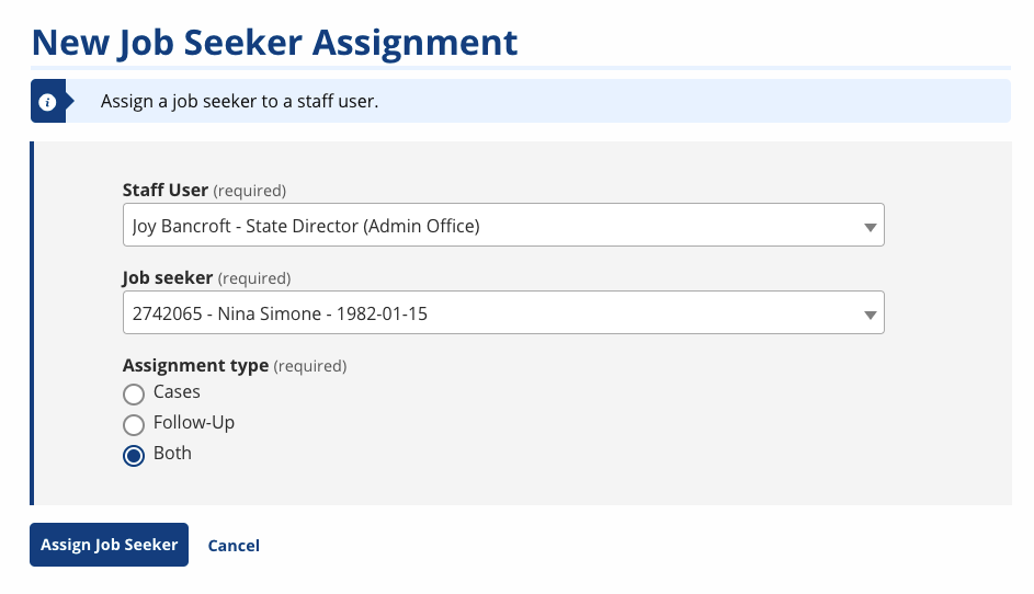 New Job Seeker Assignment screenshot