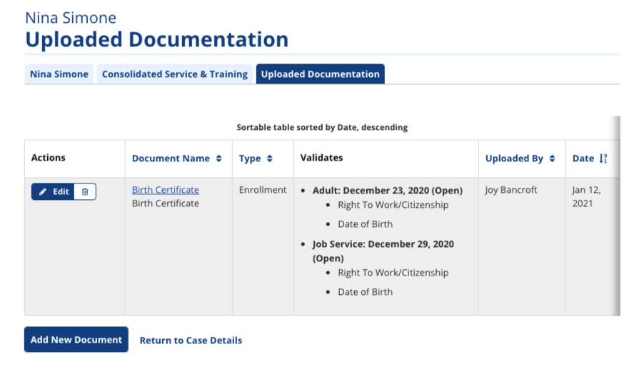 Screenshot of the Uploaded Documentation page with a file added