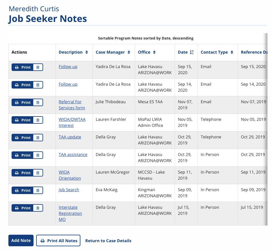 Job Seeker Notes page, which displays all notes