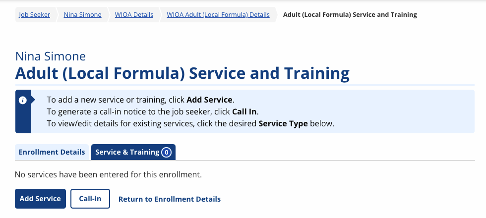 Service and Training Plan for a WIOA enrollment screenshot