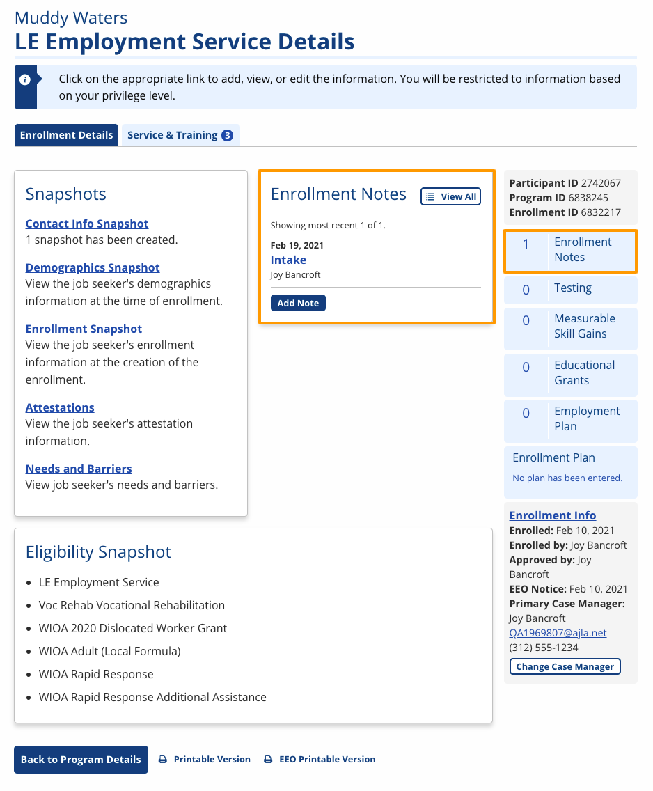 Enrollment Details screenshot with orange boxes around Enrollment Notes