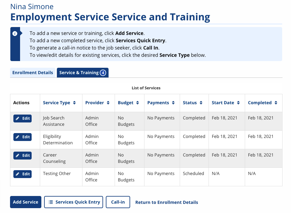 Service and Training Plan with four services recorded screenshot