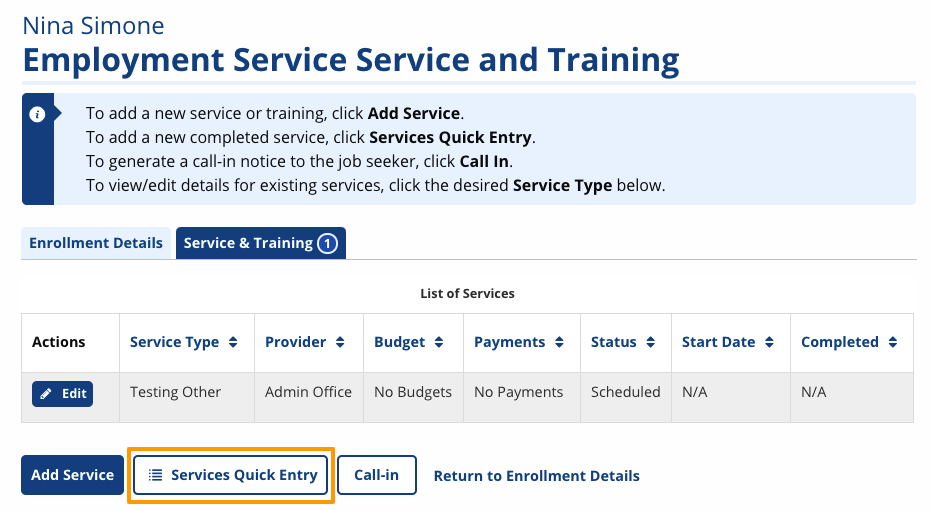 Service and Training page with a Service Quick Entry button