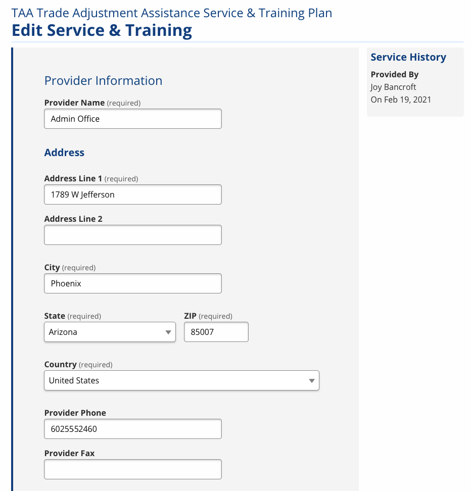 Edit Service and Training for TAA waiver screenshot