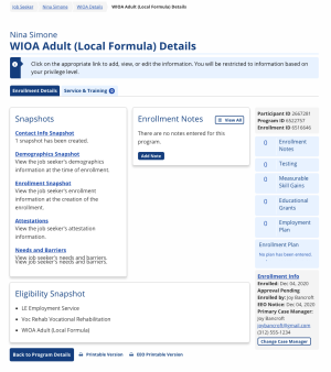 Enrollment Details for a WIOA enrollment