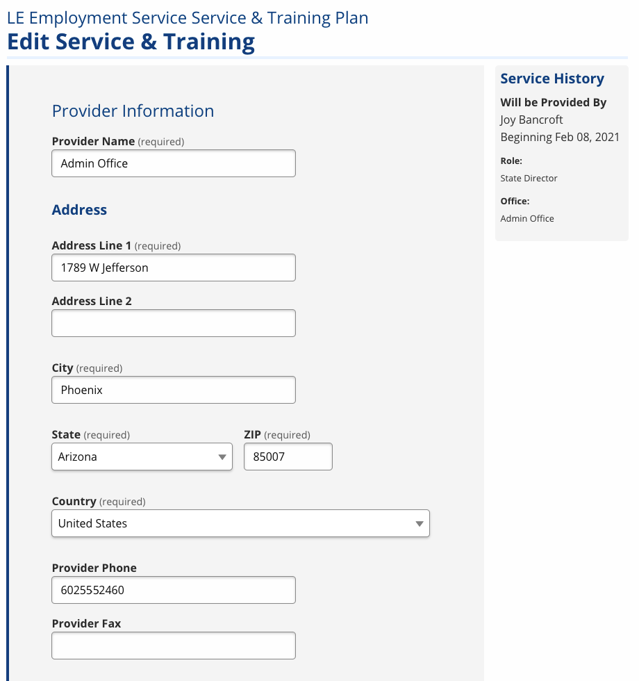 Edit Service and Training screenshot