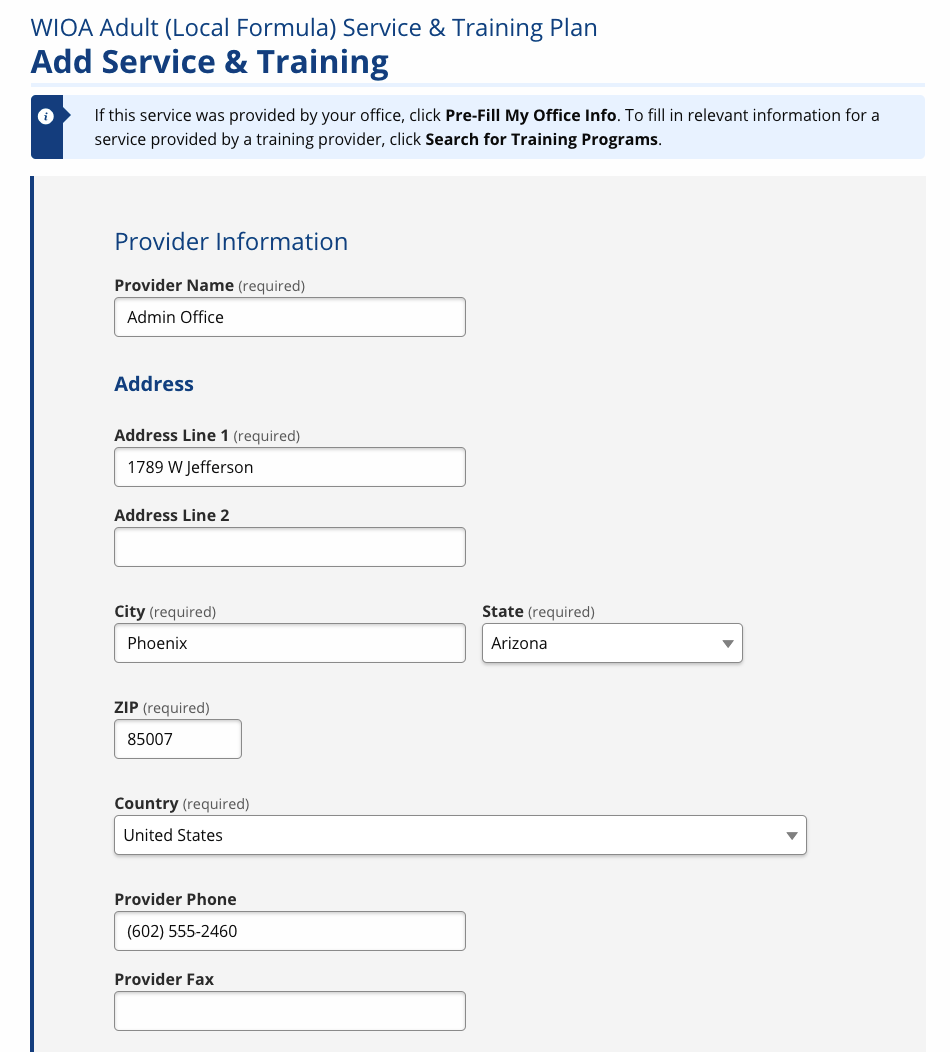 Add Service & Training: Office Pre-Filled