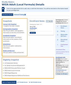 Enrollment Details with Snapshots in orange boxes