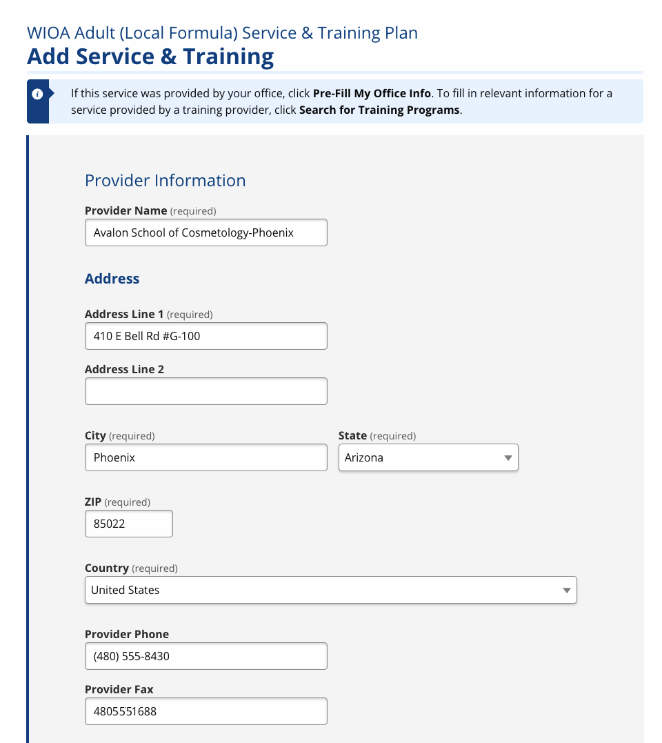 Add Service and Training page pre-filled with data from the chosen training program