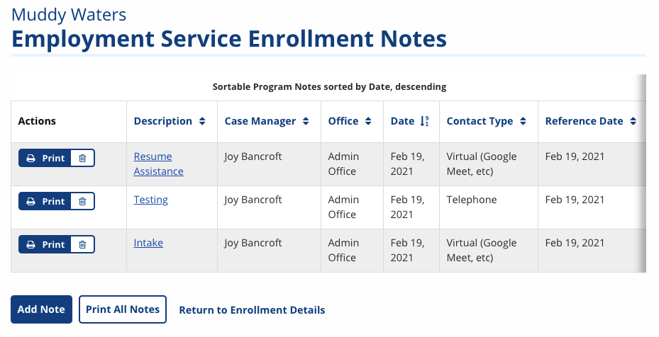 View all enrollment notes