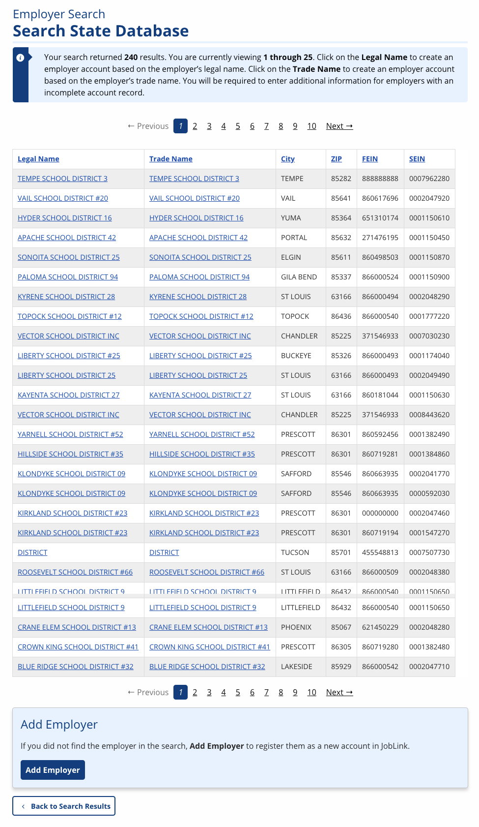 Employer State Database Search Results screenshot