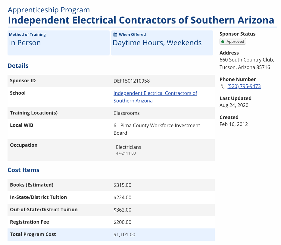 screenshot of the Apprenticeship Program Details