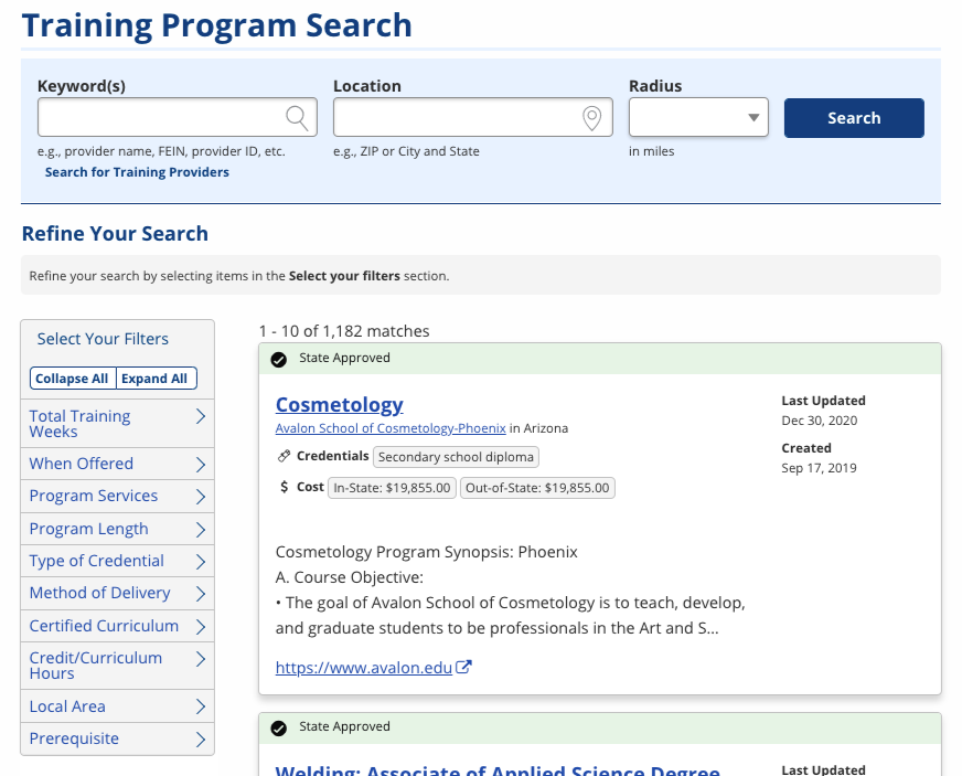 screenshot of the Training Program search